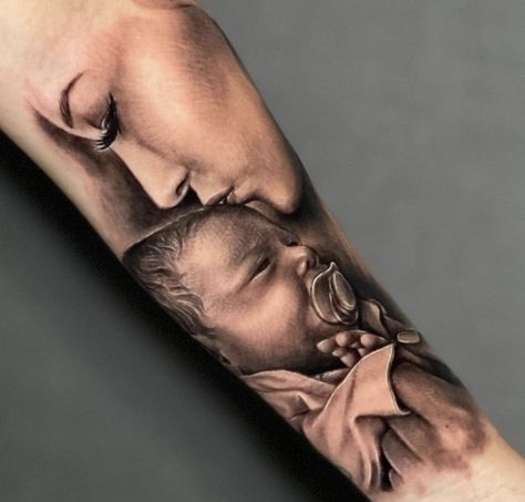 Son Portrait Tattoo Ideas, Tattoo Ideas Son And Mother, Mother N Son Tattoos, Daughter Portrait Tattoo Ideas, Tattoo For My Two Sons, Mama And Son Tattoo, Wife And Son Tattoo For Men, Husband And Son Tattoo For Mom, Baby Boy Tattoo Ideas For Mom