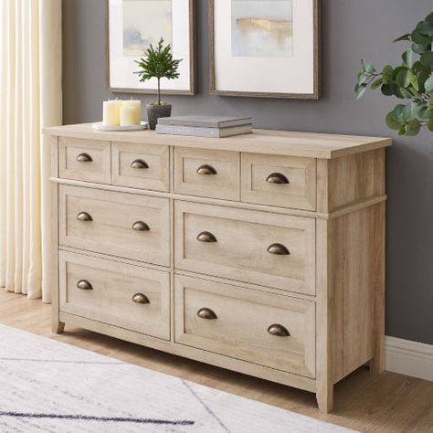 Walker Edison Furniture Co. Odette White Oak Dresser Br6dodddrwo | Bellacor White Oak Dresser, Farmhouse Dresser, Transitional Farmhouse, Dresser White, Walker Edison Furniture, Double Drawer, Matching Nightstands, Furniture Flipping, Oak Dresser