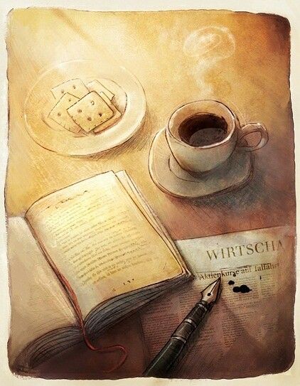 A good book and a cup of delicious coffee. Life is wonderful. (V) Book And Coffee Drawing, Cup Of Coffee Drawing, Coffee Cup Illustration, Coffee Life, Tea And Books, Coffee Painting, Delicious Coffee, A Pen, Coffee And Books