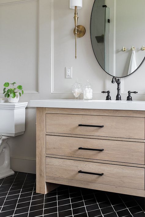 Master Bath Reveal: Heights House/swapped out chrome handles with affordable black modern pulls/oval mirrors to soften hard lines of vanity Bathroom Closet Organization Ideas, Popular Neutral Paint Colors, Beige Paint Colors, Bathroom Closet Organization, Closet Organization Ideas, Beige Paint, Farmhouse Paint Colors, Kilim Beige, Luxury Tile