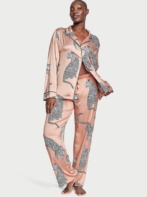 Buy Satin Long Pajama Set - Order Pajamas Sets online 5000000279 - Victoria's Secret Victoria Secret Pajama Set, Designer Pjs, Classy Pajamas, Elegant Loungewear, Satin Pant, Logo Pants, Luxury Loungewear, Lingerie Catalog, Victoria Secret Pajamas