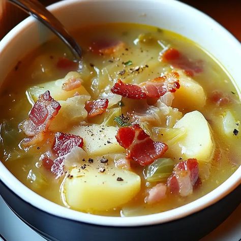 Irish Bacon Cabbage and Potato Soup Cabbage And Potato Soup, Bacon And Cabbage, Irish Soup, Bacon Cabbage, Cabbage Potato Soup, Irish Bacon, Potato Bacon Soup, Cabbage And Potatoes, Leftovers Soup