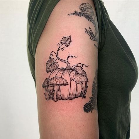 Fall Mushroom Tattoo, Owl And Pumpkin Tattoo, Pumpkin Plant Tattoo, Pumpkin Ghost Tattoo, Fall Nature Tattoo, Fall Scene Tattoo, Pumpkin Knee Tattoo, Pumpkin Mushroom Tattoo, Pumpkin Tattoos For Women