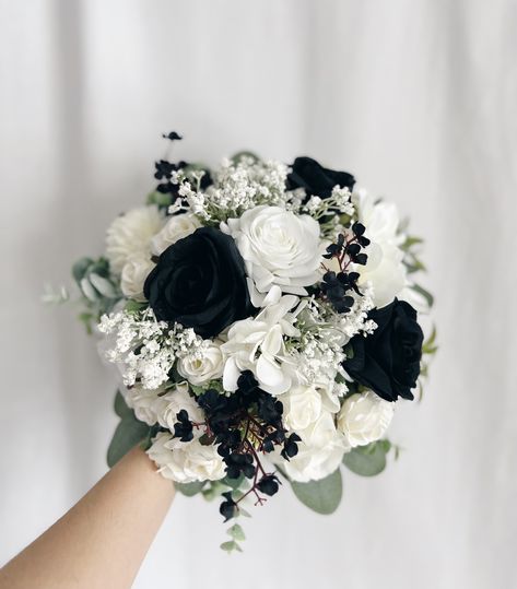 Black and White Bridal Bouquet, Black Bouquets, Black Bridal Bouquet, Black Fake Bouquet, Black - Etsy All Black Wedding Bouquet, White Black Bouquet, White And Black Bouquet Wedding, Green And Black Wedding Bouquets, Black White And Blush Bouquet, Green Black And White Bouquet, Black And Silver Flower Bouquet, Black And White Prom Bouquets, Bouquet For Black Wedding Dress