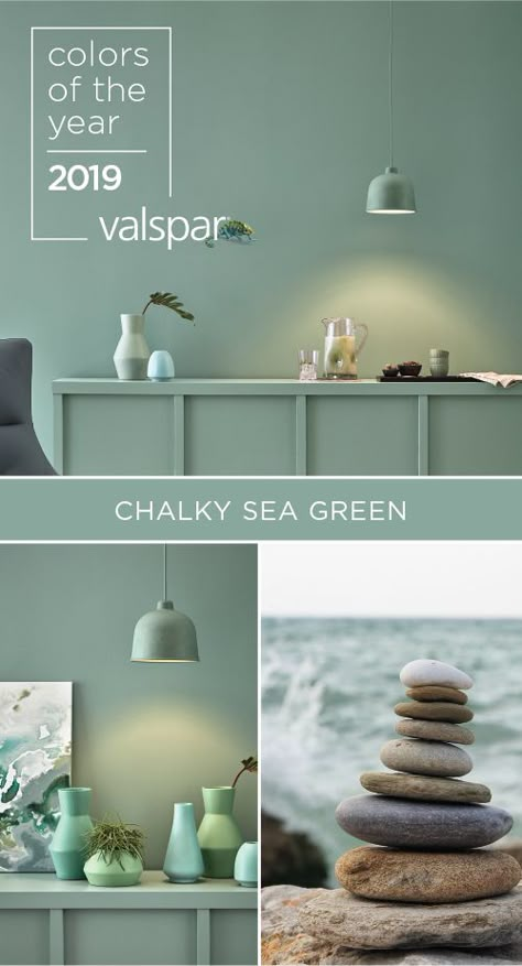 “This harmonious green-blue is perfectly balanced to inspire inner growth.” Sue Kim, Valspar Color Strategist.  One of 12 Valspar 2019 Colors of the Year: Green Water 5003-4A at Lowe’s. Sea Fog Paint Color, Distant Valley Valspar, Blue Green Paint Living Room, Silver Eucalyptus Paint Valspar, Valspar Green Paint, Valspar Green Paint Colors, Blue Green Bathroom Ideas, Valspar Paint Colors Green, Green Blue Paint Colors