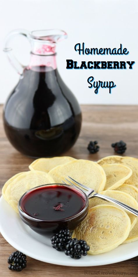 This homemade blackberry syrup is such a great way to use up fresh blackberries. It is good on so much more than just breakfast items. Homemade Blackberry Syrup, Blackberry Syrup Recipe Canning, How To Make Blackberry Syrup, Blackberry Syrup Pancakes, Blackberry Pancake Syrup, Fresh Blackberry Recipes, Blackberry Syrup Recipe, Blackberry Dessert Recipes, Blackberry Pancakes