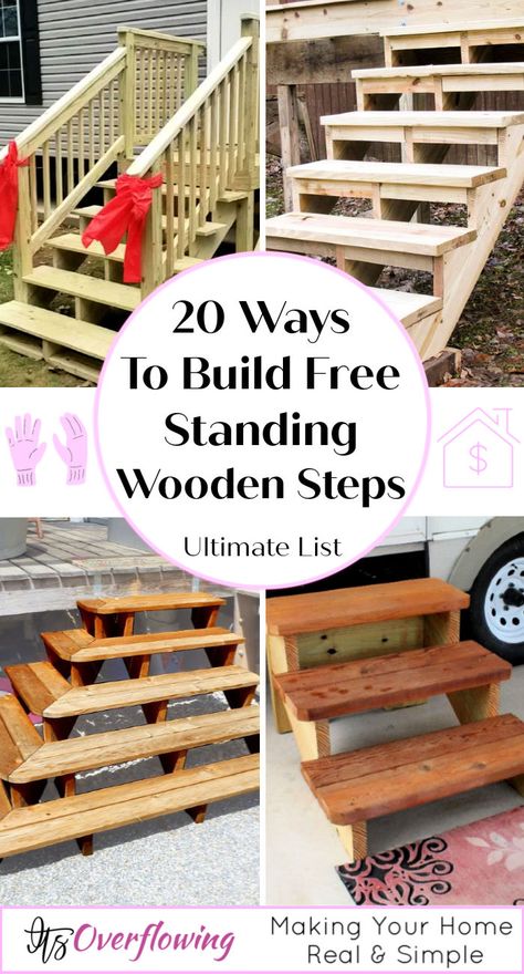 20 Ways To Build Free Standing Wooden Steps - Its Overflowing How To Build Box Steps, How To Design Stairs, Backyard Wood Steps, How To Build Wooden Steps, Diy Wooden Steps For Rv, Building Wooden Steps, Camper Steps Wooden, Temporary Stairs Outdoor, Temporary Outdoor Steps