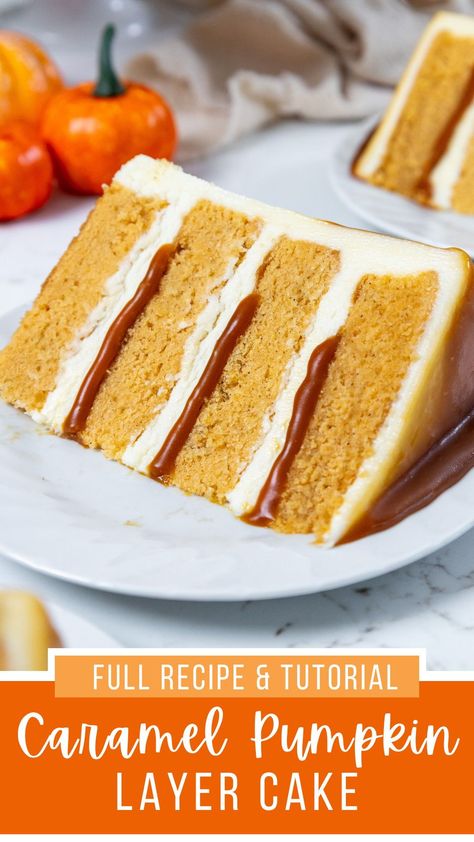 This pumpkin caramel cake is absolutely delicious! It's made with tender pumpkin cake layers, cream cheese frosting, and buttery caramel. Pumpkin Sheet Cake, Cake Delicious, Pumpkin Cake Recipes, Cake Layers, Pumpkin Caramel, Caramel Cake, Cake Fillings, Recipe From Scratch, Pumpkin Dessert