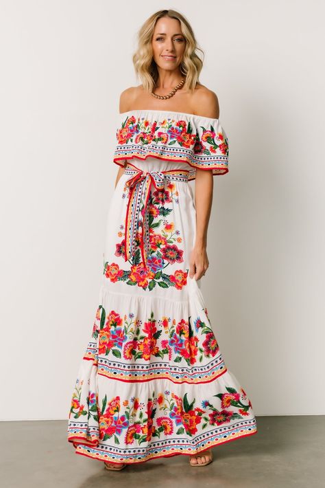 Alejandra Maxi Dress | Ivory Multi Floral Multi Colored Floral Dress, Multicolor Embroidered Maxi Dress, Mexican Wedding Guest Outfit, Mexican Resort Outfits, Fiesta Outfits For Women, Fiesta Party Outfit Women, Havana Nights Outfit Women, Fiesta Theme Party Outfit, Havana Nights Party Attire Women