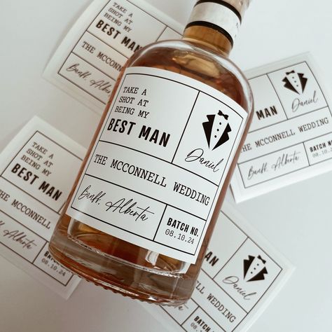 Introducing our groomsmen proposal label for whiskey bottles. These custom whiskey labels make great groomsmen, usher, or best man gifts and the wording is customizable! Our labels are made of professional vinyl that is waterproof and smear proof. They are easy to apply without air bubbles and come with instructions for easy application.  *Bottle not included*, label(s) only. LABEL SIZE & INFORMATION 3x3"  375 mL  -  Small Whiskey 3.75" tall x 4" wide 750ml - Large Whiskey 4" tall x 3.75" wide 7 Groomsmen Proposal Whiskey Bottle, Men Groomsmen Proposal, Groomsmen Liquor Labels, Groomsmen Whiskey Bottle, Unique Groomsmen Proposal, Grooms Men Proposal, Best Man Proposal Ideas, Groomsmen Proposal Box Ideas, Groomsmen Proposal Ideas