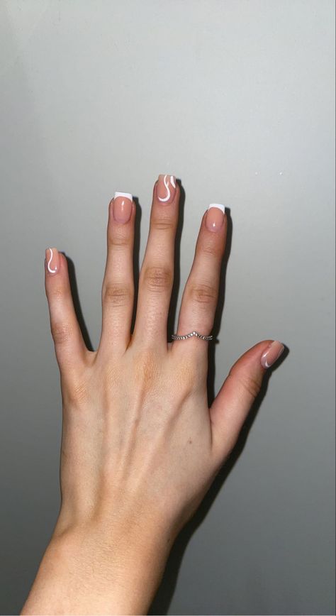 White Swirl And French Tip Nails, Simplistic Short Acrylic Nails, Short Square Nails White Design, Gel Manicure Ideas For Short Nails French Tip, White French Tip Nails Short With Design, Short Nails Inspo French Tip, Simple Nail Designs French Tip Square, Simple Pretty Nails White, Cheer Friendly Nails