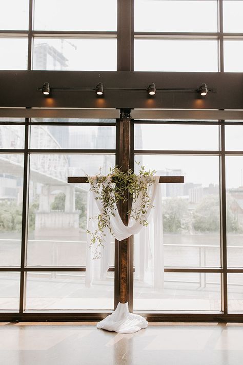 Chapel Altar Decorations Wedding, Cross With Fabric Drape, Simple Altar Decor, Cross Wedding Backdrop Indoor, Cross Outdoor Wedding, Cross Wedding Arch Flower, Wedding Cross Arrangement, Wedding Cross Flower Arrangement, Cross With White Cloth