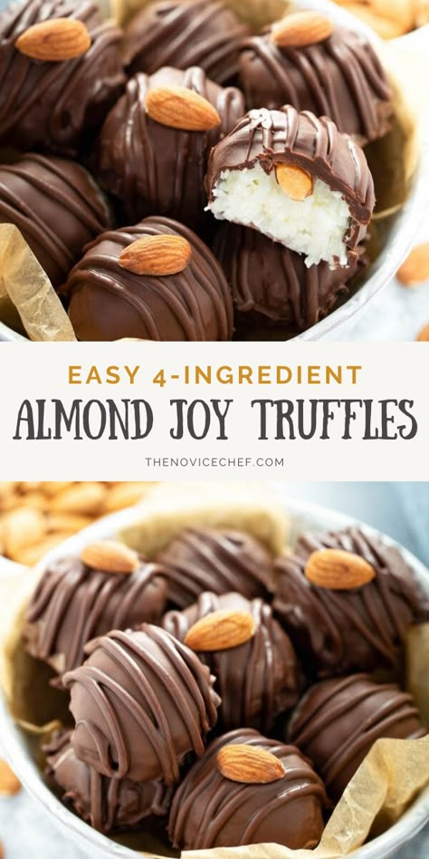 Almond Joy Truffles is an easy dessert recipe with few ingredients - coconut flakes, condensed milk, almonds, and chocolate chips! They taste like the candy bar with a creamy coconut center, hidden almond, and a layer of dark chocolate. Save this 4-ingredient sweet treat for later! Christmas Baking Candy, Easy Fast Christmas Desserts, Easy Christmas Truffles No Bake, Almond Joy Balls No Bake, Quick Easy Sweet Treats Simple, Homemade Truffles Chocolate, Easy Holiday Candy, Easy Truffles No Bake, Christmas Truffles Easy