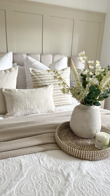 Double Bed Cushions Arrangement, Dusk Cushions, Bed Cushions Arrangement, Bedding Cushions, Cushion Arrangement, Cream Bedroom, Cream Bedrooms, Make The Bed, Neutral Cushions