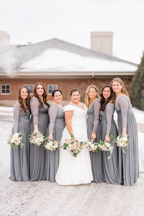 Gray long sleeve bridesmaid dresses for winter wedding with pink and white florals Slate Grey Bridesmaid Dresses, Dresses For Winter Wedding, Winter Wedding Bridesmaid Dresses, Wedding In February, Steel Grey Bridesmaid Dress, Gray Bridesmaid Dresses, Dresses For Winter, Winter Wedding Bridesmaids, Bridesmaid Groomsmen