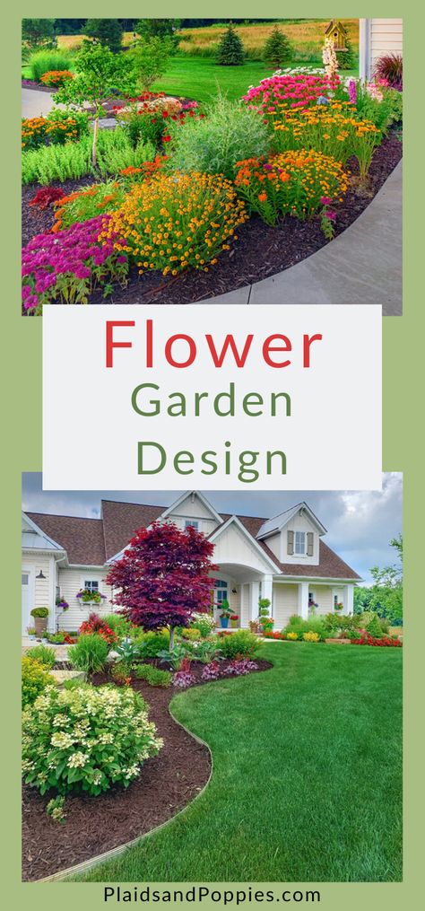 Big Flower Beds In Front Of House, Flower Bed Layout Front Yards, Plant Layout Front Yards Landscape Plans, Landscape Ideas Flowers, Large Flowerbed Landscaping, Flower Garden Front Of House, Landscape Flower Ideas, Garden Bed Ideas Layout Front Yards, Perennial Flower Garden Design Layout