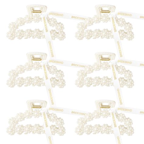 PRICES MAY VARY. Ideal Bridesmaid Gift - This product features a set of 6 pearl hair clips, each measuring approximately 3.6 inches in length and 2 inches in width. Each clip is adorned with a delicate white ribbon with golden 'BRIDESMAID' lettering, adding a touch of elegance and charm. These clips make for beautiful accessories to fill your bridesmaid proposal gift boxes. Exquisite Hair Clips - The clips boast a lovely design adorned with white faux pearls, complemented by ribbons imprinted wi Simple Bridesmaid Proposal Cheap, Pearl Bachelorette Party, Pearl Bachelorette, Large Hair Clips, Bridesmaid Gifts From Bride, Bachelorette Accessories, Wedding March, Bridesmaid Gifts Unique, 2025 Wedding