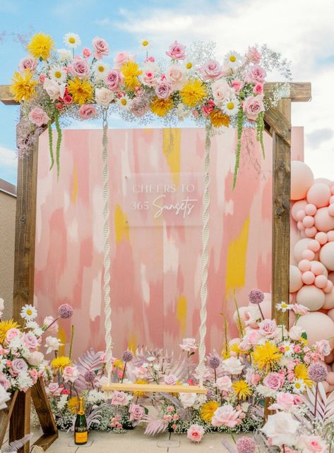 Garden Party Photo Booth, Floral Theme Party Decoration, Garden Party Backdrop, Floral Theme Party, Flower Booth, Flower Wedding Backdrop, Gardening Party, Yellow Backdrop, Wedding Diys