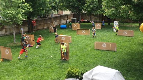 Battle Backyard Laser Tag Party, Gel Blaster Party, Backyard Nerf Battlefield, Diy Nerf Battlefield, Nerf Wars Battlefield, Battle Party, Laser Tag Birthday Party, Laser Tag Party, 7th Birthday Party Ideas