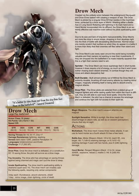 [Homebrew] Drow Mech - Monster Dnd Drow, Homebrew Monsters, Dnd Monster, Dnd Stats, I Did A Thing, Dnd Homebrew, Dnd Classes, Dungeons And Dragons 5e, Dungeons And Dragons Classes