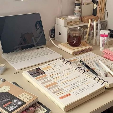 Study Aesthetic Pastel, Study Organization Ideas, Muji Products, Beige Desk, College Inspiration, Korean Study, Desk Tour, Aesthetic Laptop, Romanticizing School