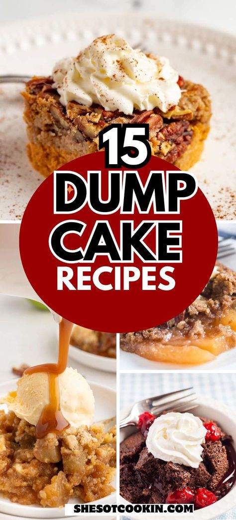 Dump cakes are easy, budget-friendly desserts that start with a simple boxed cake mix. These recipes are versatile and you can change up the flavors of cake mix and pie fillings to suit your taste. Try our fall favorites like pumpkin dump cake and caramel apple that are sure to delight your taste buds! Dump Cake Desserts, Breakfast Dump Cake Recipes, Butter Pecan Cake Mix Dump Cake, Vanilla Cake Dump Cake, Crockpot Cake Recipes 3 Ingredients, Cake Box Mix Recipes 2 Ingredients, Pecan Pumpkin Dump Cake, Mom On Timeout Recipes Desserts, Dump Spice Cake Recipes