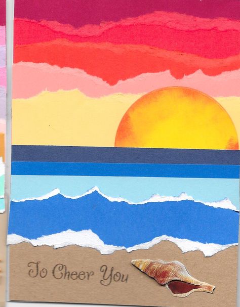 another sample of torn paper to make this beach scene. I used paper with a white core to get the surf effect on the water. Beach Paper Craft, Torn Paper Landscape, Beach Collage Art, Paper Tearing Art Ideas, Paper Tearing Art For Kids, Paper Tearing Art, Ripped Paper Art, Torn Paper Art, Sunset Collage