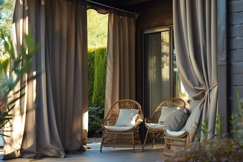 How to Hang Outdoor Curtains Around Your Patio | TheHues How To Hang Outdoor Curtains For Patio With Wire, Ways To Hang Outdoor Curtains, How To Hang Patio Curtains, Patio With Curtains Outdoor Spaces, How To Hang Outdoor Curtains For Patio, Curtains On Pergola, Hanging Outdoor Curtains, Hang Outdoor Curtains, Outdoor Music Area