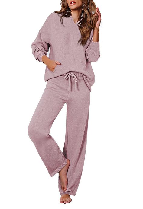 PRICES MAY VARY. 100% polyester, soft and skin-friendly Drawstring closure Machine Wash 2 piece outfits sweater set lounge set sweatsuit, long sleeve hoodies sweater top and drawstring wide leg pants sets Pullover hoodies knit sweater top features roomy pocket, long sleeve, crew neck, ribbed cuffs and hem Drawstring ribbed knit pants features straight wide leg, high waist, slouchy and relaxed fit Two piece outfits sweater set is great for daily, lounge wear at home, causal wear, outside, vacatio 2 Piece Lounge Set Outfit, Wide Leg Lounge Pants Outfit, Lounge Pants Outfit, Sweater Lounge Set, Lounge Sets For Women, Two Piece Loungewear, Tunic Tops For Leggings, Knit Lounge Set, Knit Sweater Outfit