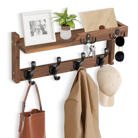 PRICES MAY VARY. PRACTICAL AND STYLISH: The appearance design of this wall-mounted coat rack is both fashionable and practical, and has applied for an appearance patent; It makes full use of the wall space at the entrance, can be matched with various decoration styles, adding an elegant touch to your space 4-IN-1 FUNCTION: It is not only a coat rack, but also a key holder and mail organizer, and it is also a storage and display wall shelf; You no longer have to worry about forgetting things when Bag Hooks Wall, Floating Shelf With Hooks, Key Hanger Entryway, Key Rack Diy, Coat Hanger Wall, Coat Rack Wall Mount, Wood Entryway, Forgetting Things, Shelf With Hooks