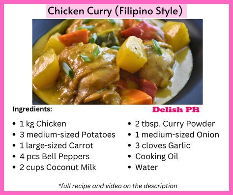 Delish PH - Chicken Curry (Filipino Style) recipe:... | Facebook Chicken Curry Filipino Style, Filipino Chicken Curry, Filipino Food Dessert, Curry Ingredients, Filipino Style, Filipino Food, Chicken Curry, Filipino Recipes, Curry Powder