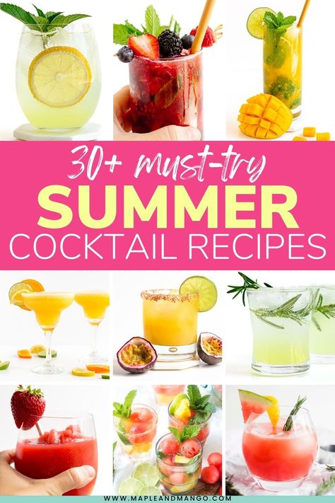 Beat the heat with these refreshing summer cocktails featuring healthy-ish ingredients. Choose from over 30 amazing options including frozen cocktails, simple spritzes, fruity mojitos, summer sangrias and much more! You're sure to find a summer drink you'll love! | www.mapleandmango.com Mango Mojito Recipe, Easy Summer Cocktails, Mango Mojito, Refreshing Summer Cocktails, Frozen Cocktails, Summer Cocktail Recipes, Summer Cocktail, Summer Drink, Drinks Recipes