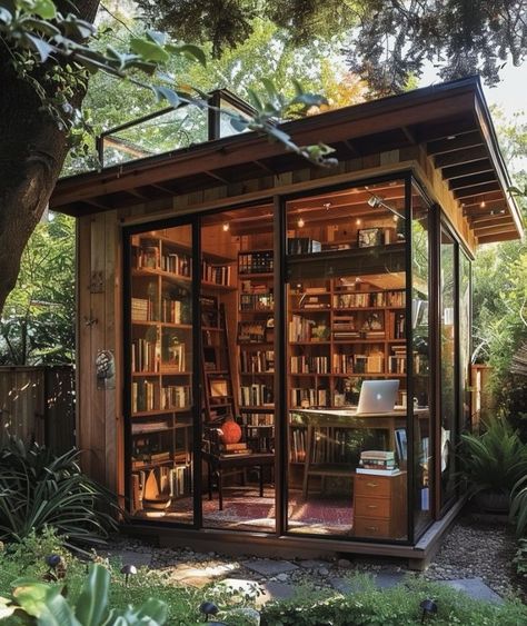 Outdoor Office Space, Enclosed Garden Structures, Outdoor Library, Backyard Office Shed, Art Shed, Tiny Office, Shed Home, Home Greenhouse, Backyard Studio