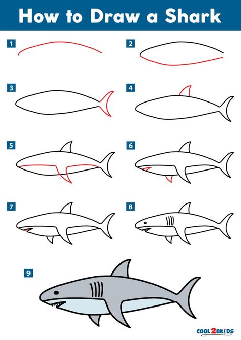 How To Draw A Shark Easy, How To Draw A Shark Step By Step, How To Draw A Fish Step By Step, How To Draw Sea Animals, Shark Drawing Step By Step, Shark Drawing Simple, How To Draw Sea Creatures, How To Draw A Shark, Shark Painting Easy