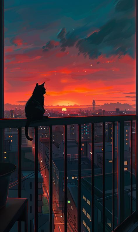 City Aesthetic Drawing, Dusk Drawing, Night Scenery Wallpaper, City Night Illustration, Cat On Balcony, City At Night Drawing, Night City Illustration, Cat Scenery, Cityscape Aesthetic