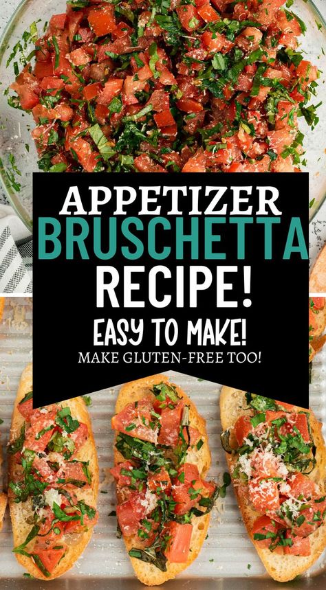 appetizer recipe perfect for holidays bruschetta can be made gluten free too Bruschetta On Baguette, Fresh Basil Appetizers, Vegetarian Crostini Appetizers, Uses For Baguette, Bruschetta Toast Recipe, Appetizers With Basil, Fresh Bruschetta Recipe, Easy Bruschetta Appetizers, Homemade Bruschetta Recipes