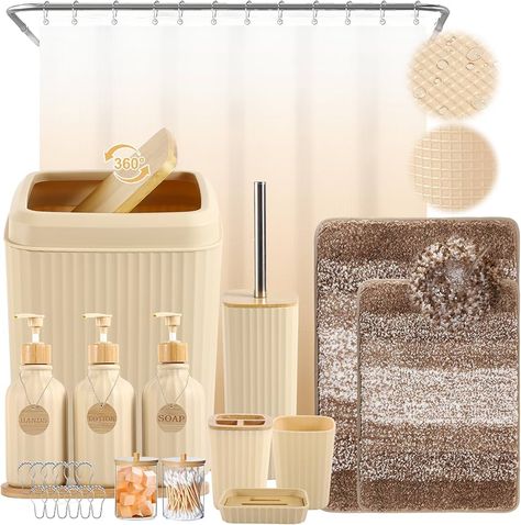 Amazon.com: Bathroom Set 17PCS Beige Bathroom Accessories Set Bathroom Sets with Trash Can 3PCS Lotion Soap Dispenser, Toothbrush Holder,6PCS Wood Tags Bathroom Accessories for Kitchen Bathroom : Home & Kitchen Lush Bathroom Decor, Brown Color Scheme Bathroom, Master Bathrooms Decorations Ideas, Functional Bathroom Decor, Black And Beige Bathroom Decor, Grey And Cream Bathroom, Modern Boho Bathroom Decor, Bathroom With Gold Accents, Neutral Kids Bathroom