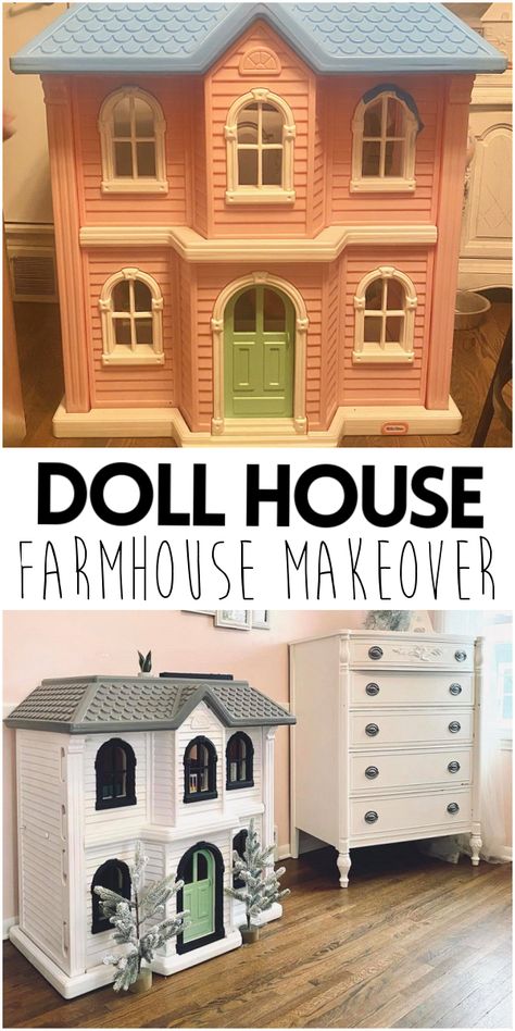 Little Tike Doll House Farmhouse Makeover- how to paint old doll house. DIY Project, craft idea. White how to Dolls House Upcycle Ideas, Gingerbread Dollhouse Ideas, Melissa Doug Dollhouse Makeover, Upcycle Barbie House, Toy House Makeover, Toy Makeover Diy, Diy Toy Makeover, Farmhouse Dollhouse Diy, Doll House Upcycle