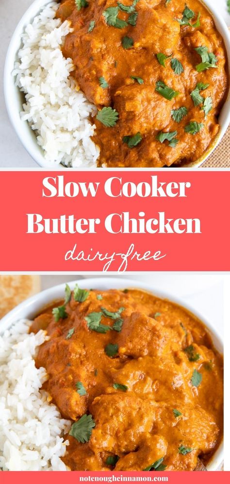 Learn how to make a tasty, restaurant-style Paleo Slow Cooker Chicken at home and ditch the premade sauce for good. Juicy chunks of chicken in a flavorful creamy savory and dairy-free Indian gravy! Eating well can be so easy!  #slowcookerrecipes #paleorecipes #butterchicken #cleaneating #dairyfree Non Dairy Butter Chicken, Easy Dinner Recipes Lactose Free, Dairy Free Butter Chicken Crockpot, Crock Pot Meals Gluten Free Dairy Free, Crock Pot Recipes No Dairy, Crockpot Chicken Recipes Indian, Slow Cooker Butter Chicken Coconut Milk, Dairy Free Chicken Tenderloin Recipes, Crockpot Meal Dairy Free