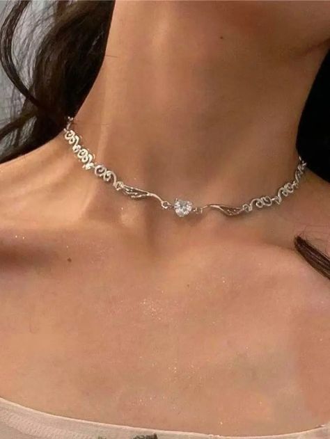 Silver Color Irregular Choker Necklace | Hekka Ali D'angelo, Butterfly Cutout, Trendy Scarves, Angel Wings Heart, Festival Birthday, Y2k Fairycore, Angel Print, Sparkle Jewelry, Silver Heart Necklace