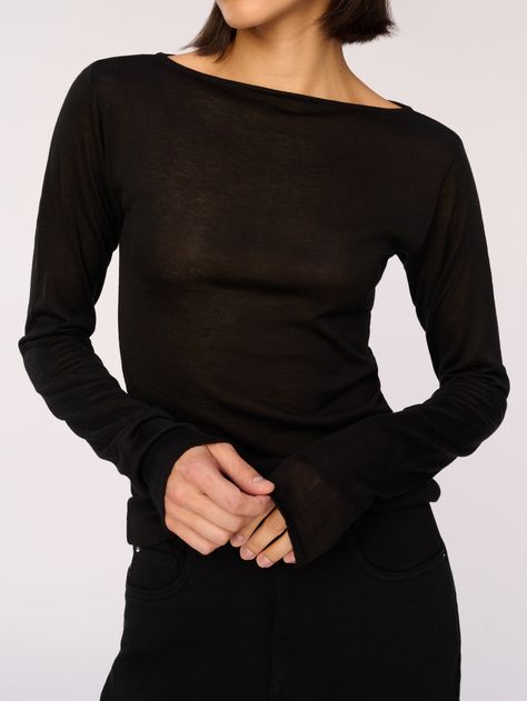 The Long Sleeve Boat Neck is a fitted, semi-sheer knit top with a bateau neckline and a slim sleeve. This piece handcrafted by skilled knitwear artisans in Rome with meticulous craftsmanship and ethically sourced, sustainable wool blend yarns. Bateau Neckline Top, Long Black Shirt, Realistic Outfits, Night Fits, Sheer Knit, 2024 Style, Boat Neck Tops, Bateau Neckline, Dark Wash Denim