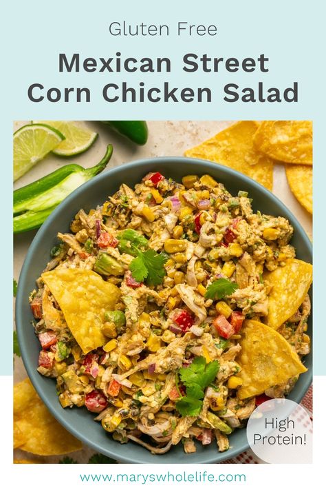 Mexican Street Corn Chicken Salad with tortilla chips in a blue bowl topped with cilantro Dinner Salads Recipes Main Courses, Mexican Street Corn Chicken, Street Corn Chicken, Mexican Chicken Salad, Entree Salads, Metabolic Meals, Pro Metabolic, Veggie Salads, Mexican Chicken Salads