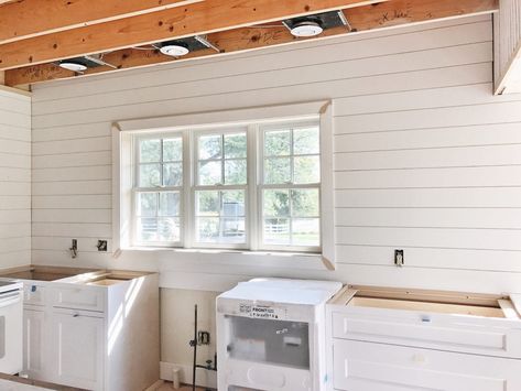 Shiplap Cabinets, Sunroom Update, No Upper Cabinets Kitchen, Kitchen Sunroom, No Upper Cabinets, Shiplap Kitchen, Shiplap Backsplash, Kitchen Cabinets Decor, Kitchen Ceiling