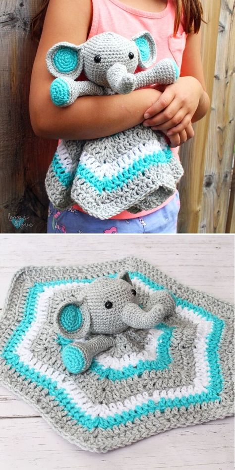 Cute Crochet Lovey for Baby with Free Patterns - Pattern Center Elephant Lovey Crochet, Crochet Lovies, Crochet Lovey Free Pattern, Crochet Scrubbies, Lovey Pattern, Crochet Lovey, Lovey Blanket, Crochet Elephant, Animal Head