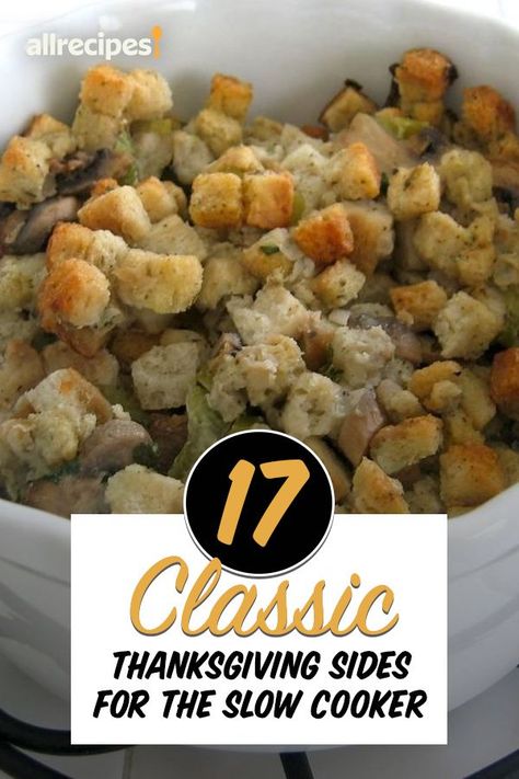 17 Classic Thanksgiving Sides for the Slow Cooker | "Before you cram your oven with casseroles, here's the real secret to saving valuable cooking space: the slow cooker. From sweet potatoes to stuffing, these slow-cooked Thanksgiving side dishes will leave you feeling extra grateful." #thanksgiving #thankgivingrecipes #thanksgivingsidedishes Slow Cooker Thanksgiving, Slow Cooker Scalloped Potatoes, Slow Cooker Green Beans, Sweet Potato Dishes, Southern Thanksgiving Menu, Classic Thanksgiving, Candied Sweet Potatoes, Thanksgiving Cooking, Scalloped Potato Recipes