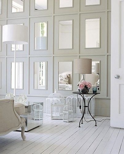 30+ Ways to Decorate with Mirrors - The Cottage Market. You could spin this wall idea so many ways! Mirror Molding, Mirror Panel, 카페 인테리어 디자인, Mirrored Wall, Design Del Prodotto, White Rooms, White Furniture, 인테리어 디자인, تصميم داخلي