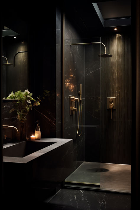 Imagine a luxurious bathroom with opulent noir designs, featuring dark elegance and stylish fixtures. Dark Luxe Bathroom, Black And Brown Home Aesthetic, Dark Luxury Bathroom, Dark Bathroom Aesthetic, Normal Bathroom, Black Clawfoot Tub, Theme House, Moody Bathroom, Toca Ideas