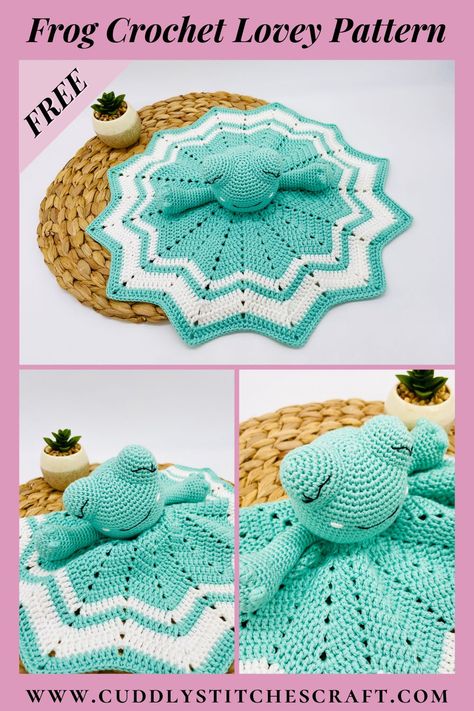 Crochet this adorable frog lovey blanket with the help of my FREE frog crochet lovey pattern. This crochet lovey will be a fun crochet project for you to work on and I'm sure that your baby will love cuddling with this beautiful Amigurumi frog. Visit www.cuddlystitchescraft.com for more free crochet Amigurumi animal patterns you will love! #amigurumi #crochetanimal #crochettoy #crochetpattern #crochetlovey Crochet Frog Lovey Free Pattern, Frog Baby Blanket, Lovely Blanket Crochet Free Pattern, Crochet Frog Blanket Pattern Free, Frog Crochet Blanket, Crochet Frog Lovey, Frog Lovey Crochet Free Pattern, Crochet Frog Blanket, Lovies Crochet Free Pattern