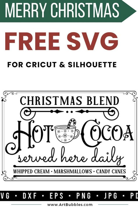 This vintage Christmas sign SVG design is perfect for making vintage style signs, wall decals, home signs, farmhouse signs, farmhouse décor, home décor and all your DIY craft projects. Files: SVG, DXF, PNG, EPS, JPG & PDF. This christmas free svg design can be used for various purposes like christmas t-shirts, signs, decals, or anything. #christmassvg #christmasfreesvg #christmashotcocoasvg #christmassigns #christmascricutsvg #merrychristmassvg Vintage Svg Files Free, Hot Chocolate Svg Free, Free Christmas Svg Files For Cricut, Free Printable Christmas Signs, Free Christmas Svg Files, Christmas Svg Files Free, Vintage Christmas Sign, Free Fall Printables, Christmas Sign Svg