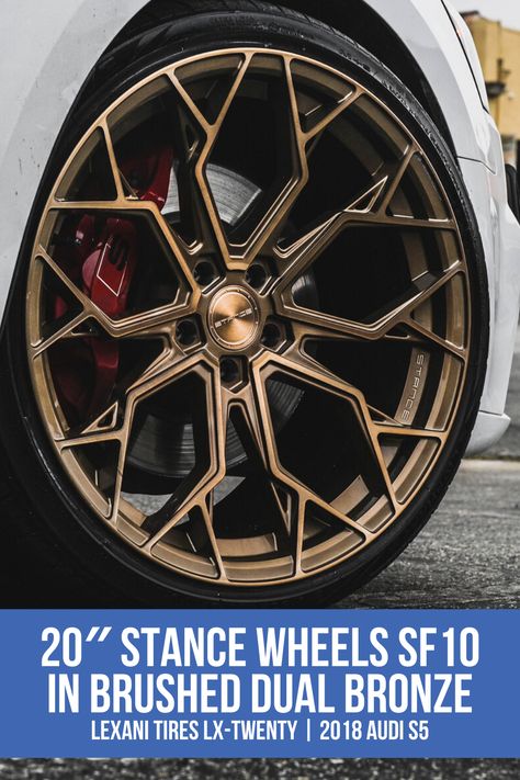 20″ Stance Wheels SF10 Brushed Dual Bronze | Lexani Tires LX-Twenty | 2018 Audi S5 | See more at audiocity.com | #audiocityusa #wheelsbyaudiocity #wheels #wheel #rim #rims #bronzerims #bronzewheels Alloy Wheels Design, Suv Rims, Rims Design, Colour Wheels, Audi Wheels, Car Wheel Cover, Bronze Wheels, Grey Car, Car Wheels Rims